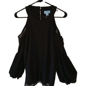 Nwt Cece Black Cold Shoulder Balloon Sleeve Sheer Top Large